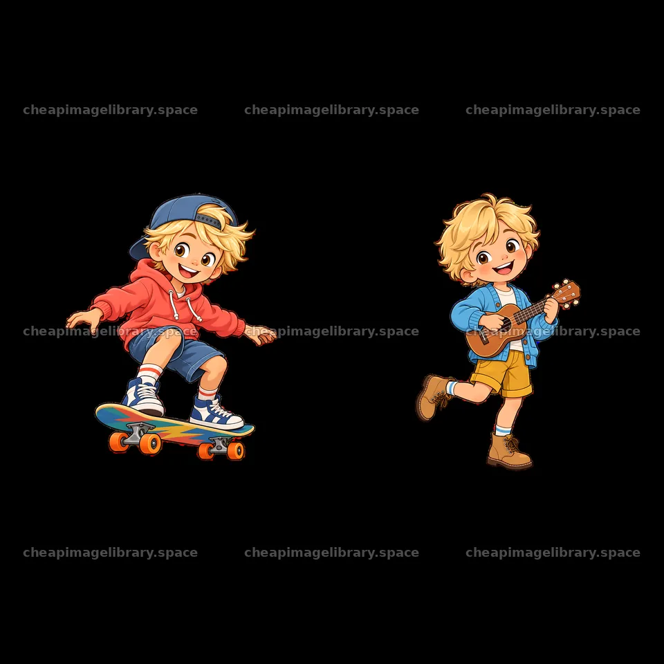 Blond boy skating and playing guitar in a vibrant cartoon style – image library 7746x7746
