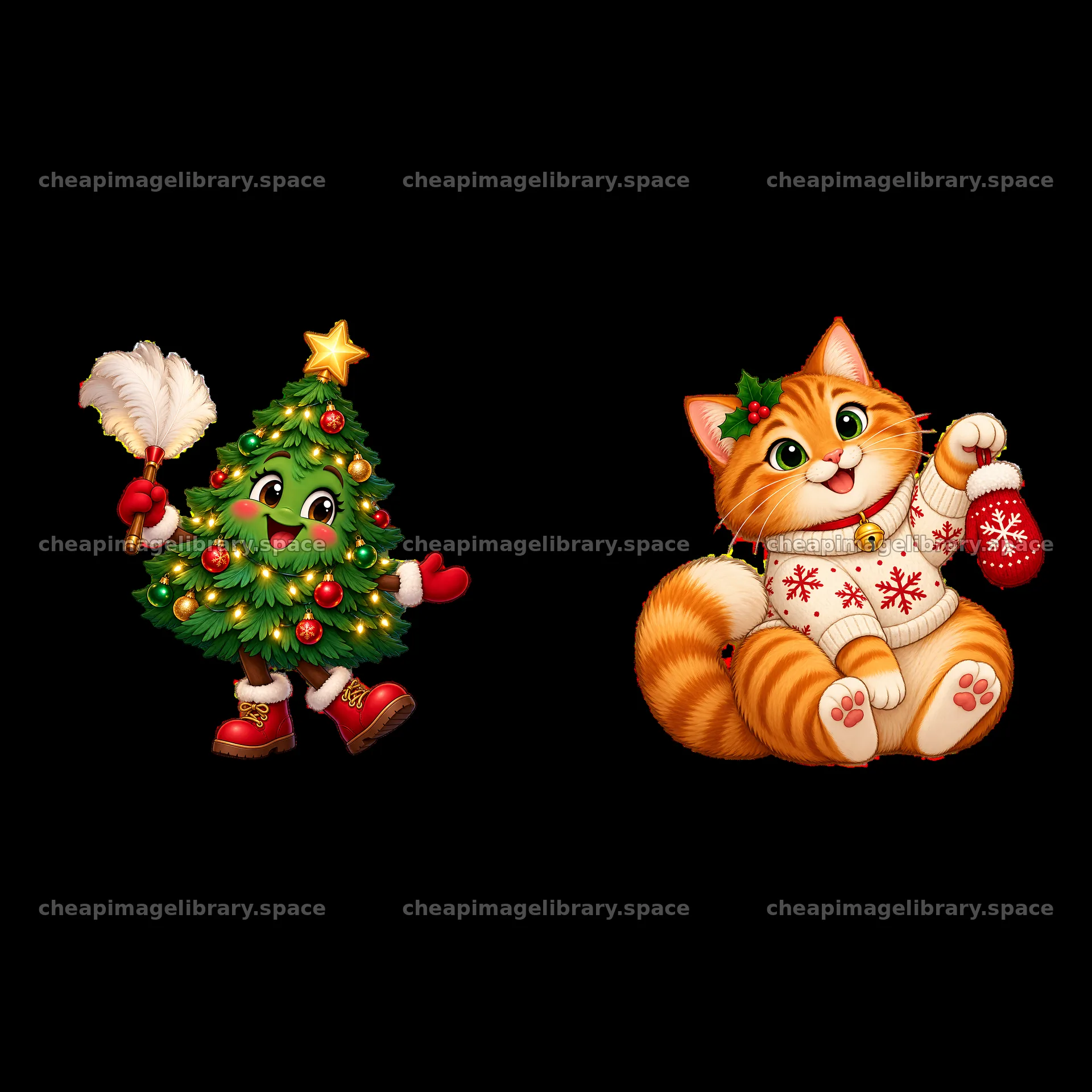 Cute Christmas tree with cat holding a mitten sticker set – image library 7746x7746