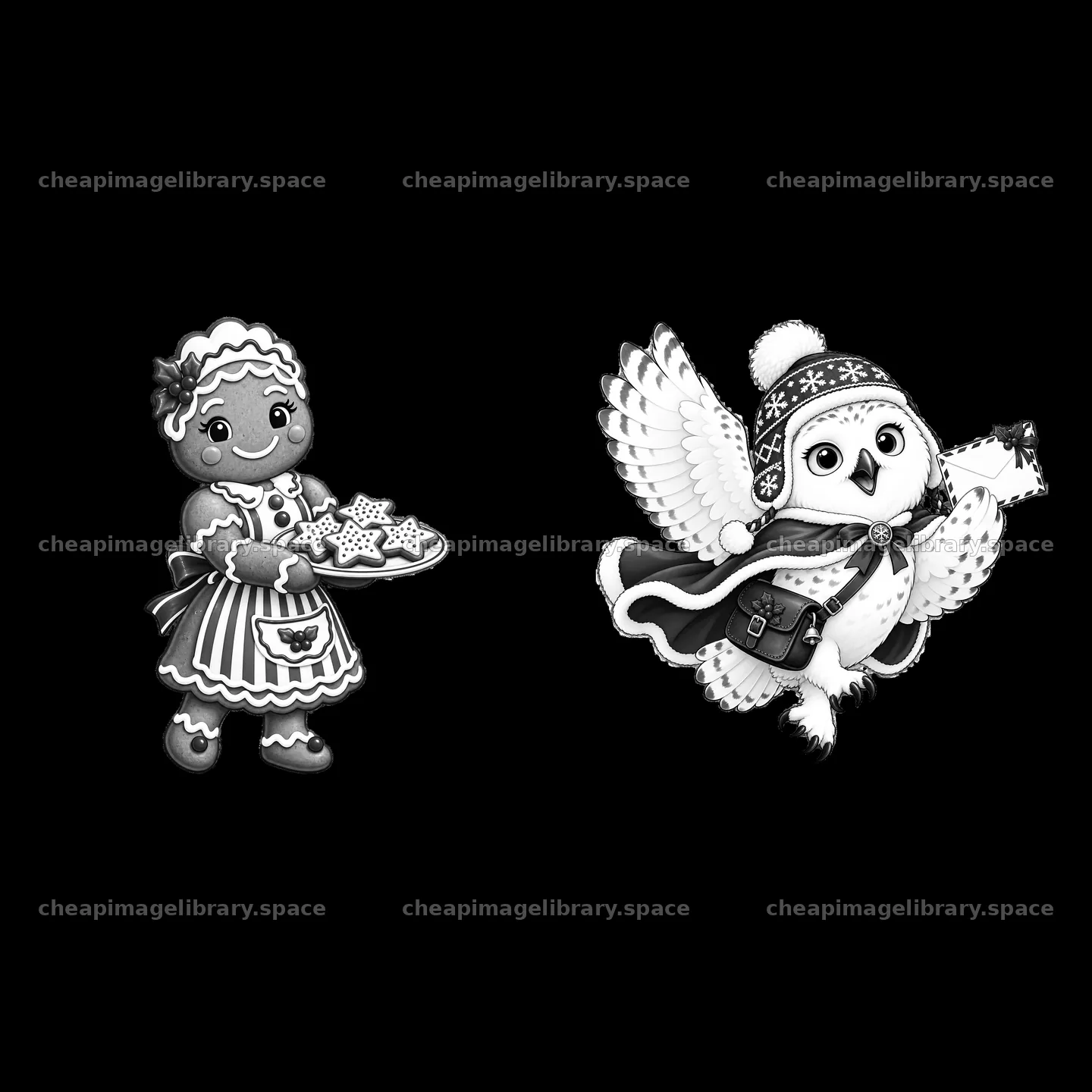 Gingerbread girl with cookies and owl delivering gifts – image library 7746x7746