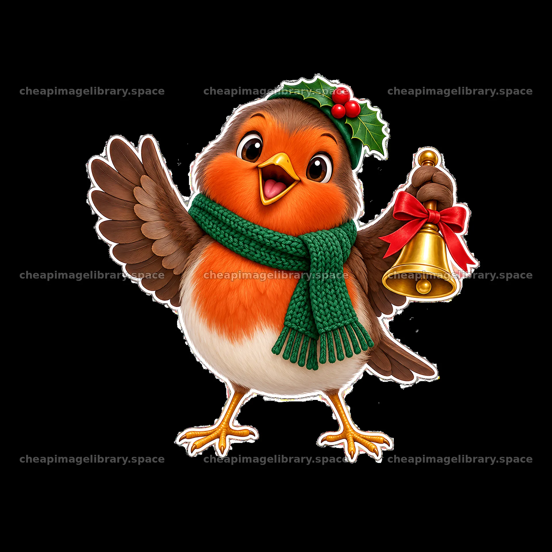 Christmas robin bird with bell wearing scarf and holly – image library 7746x7746