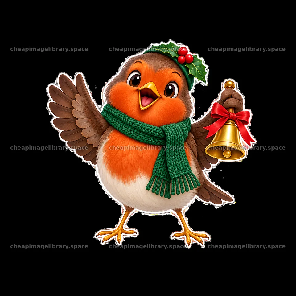 Christmas robin bird with bell wearing scarf and holly – image library 7746x7746