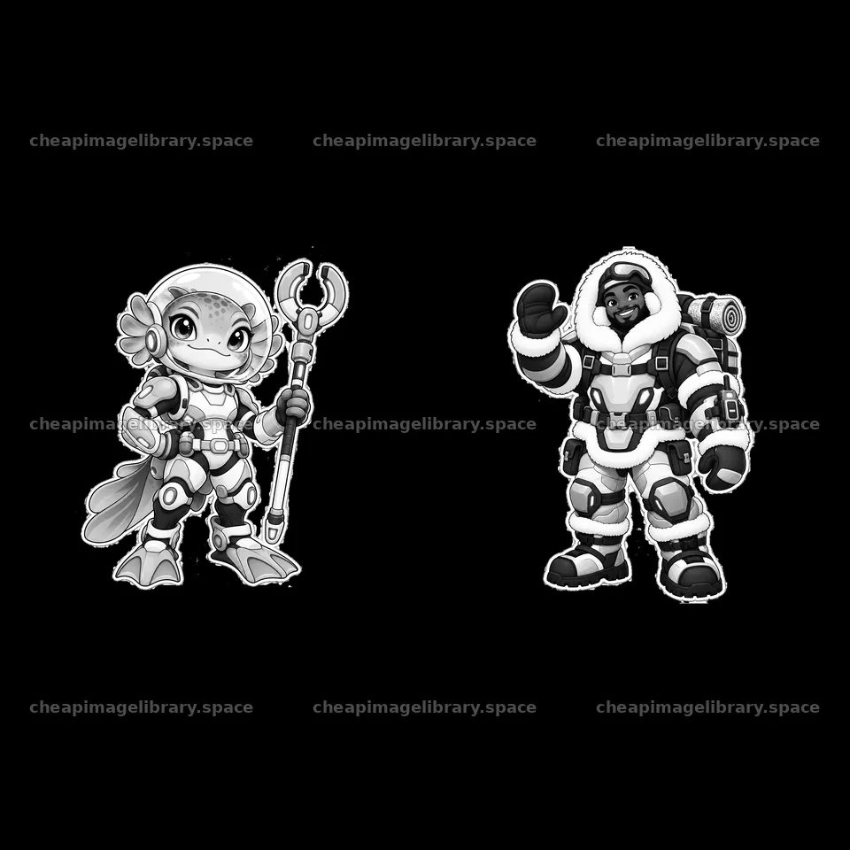 Kawaii futuristic super-soldier duo with unique tools – image library 7746x7746