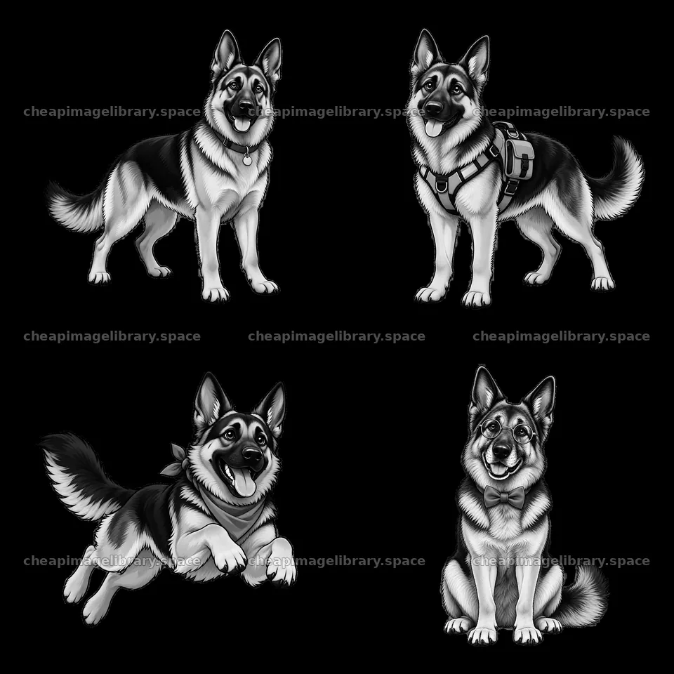Four cheerful German Shepherd dog illustrations in a grid layout – image library 7746x7746