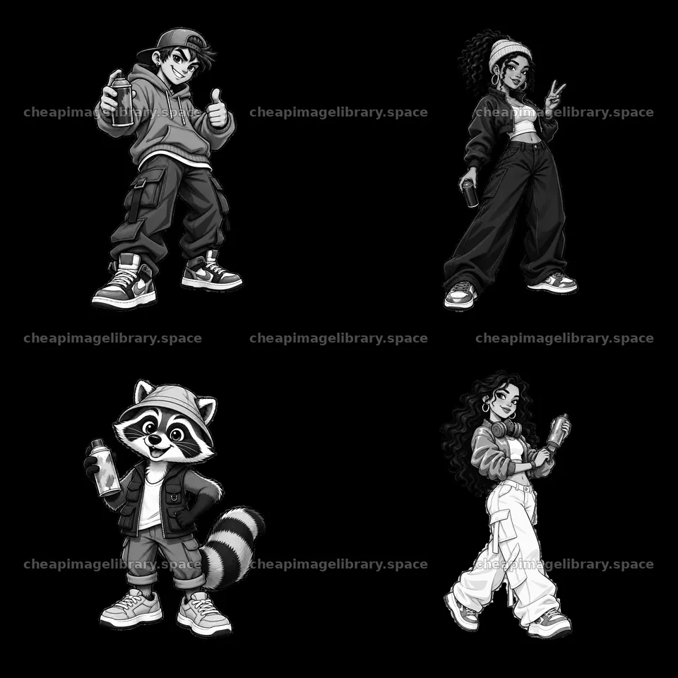 Cool graffiti sprayer characters with accessories in a grid – image library 7746x7746