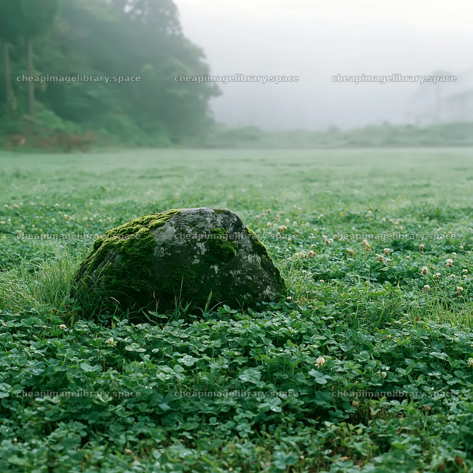 Moss covered stone in a misty meadow in Shimane – image library 7938x7938