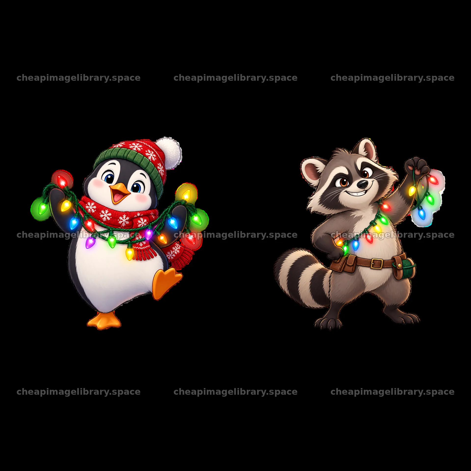 Penguin and raccoon holding colorful string lights together – image library 7746x7746