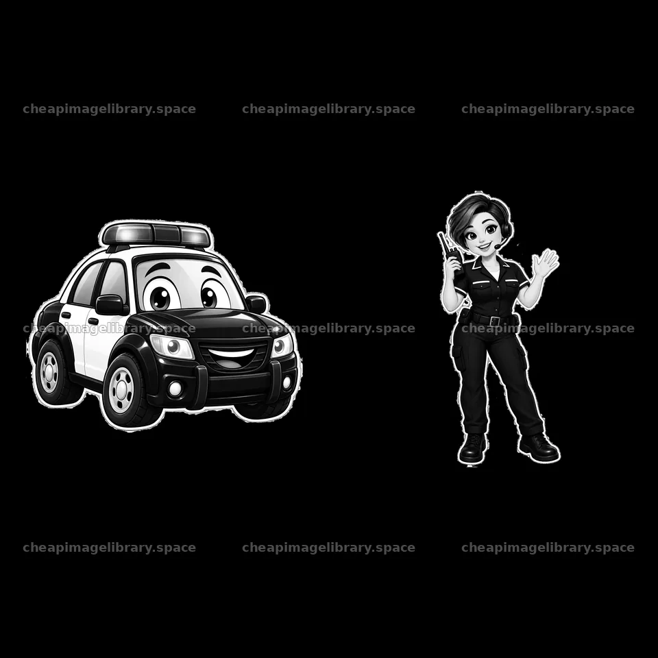 Cartoon police car and female officer character sticker pair – image library 7746x7746