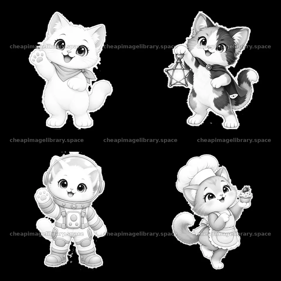 Kawaii cat stickers in four fun designs with playful actions – image library 7746x7746
