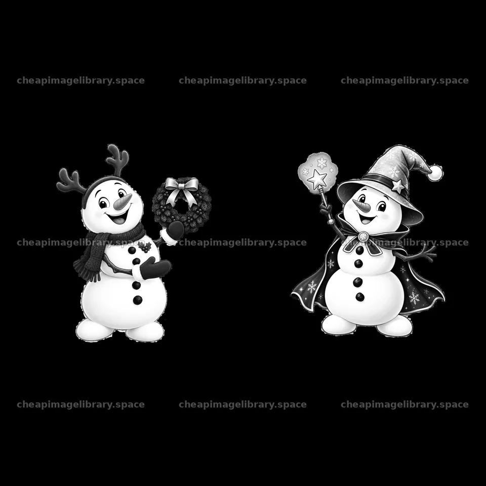 Snowman with wreath and snowman with wand in Christmas attire – image library 7746x7746