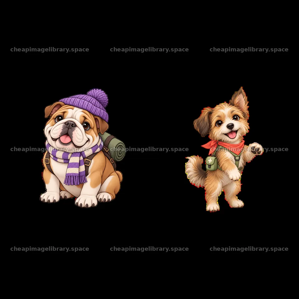 Cute K-9 dogs with hats and backpacks ready for adventure – image library 7746x7746