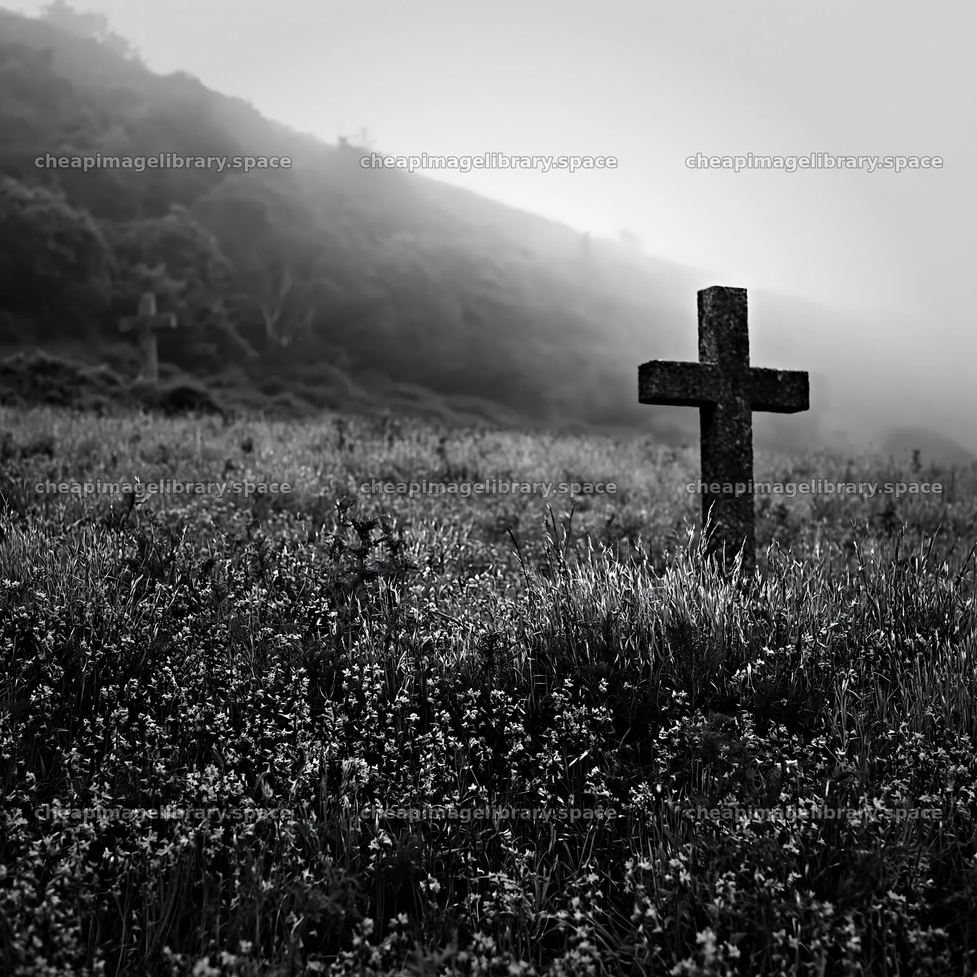 Christian cross in a meadow with foggy background – image library 7938x7938