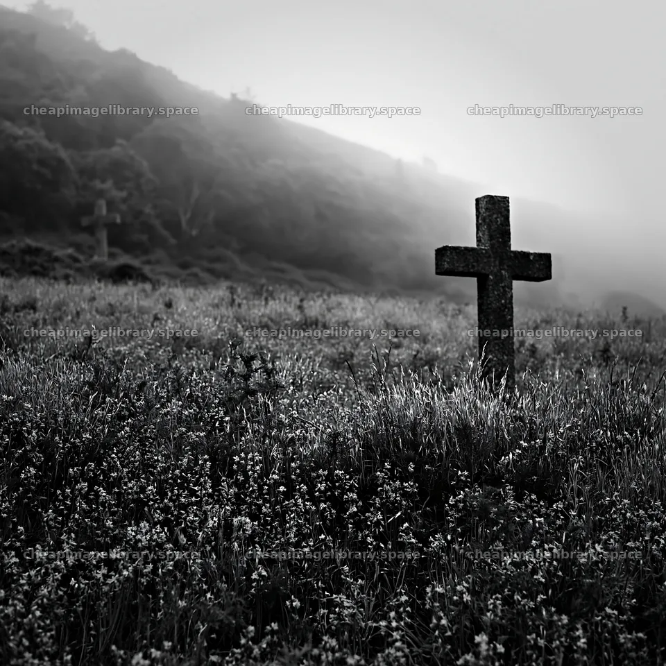Christian cross in a meadow with foggy background – image library 7938x7938