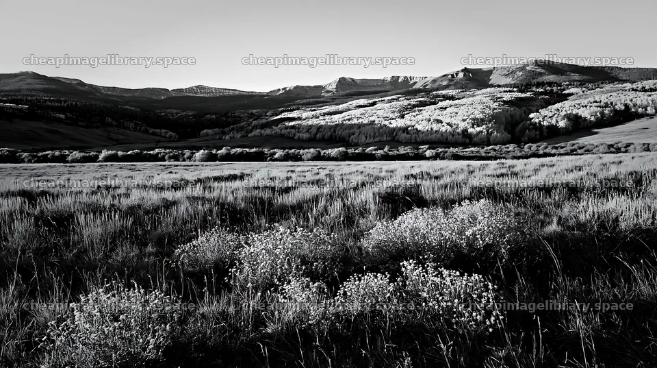 Autumn meadow with distant mountains and clear sky – image library 10608x5938