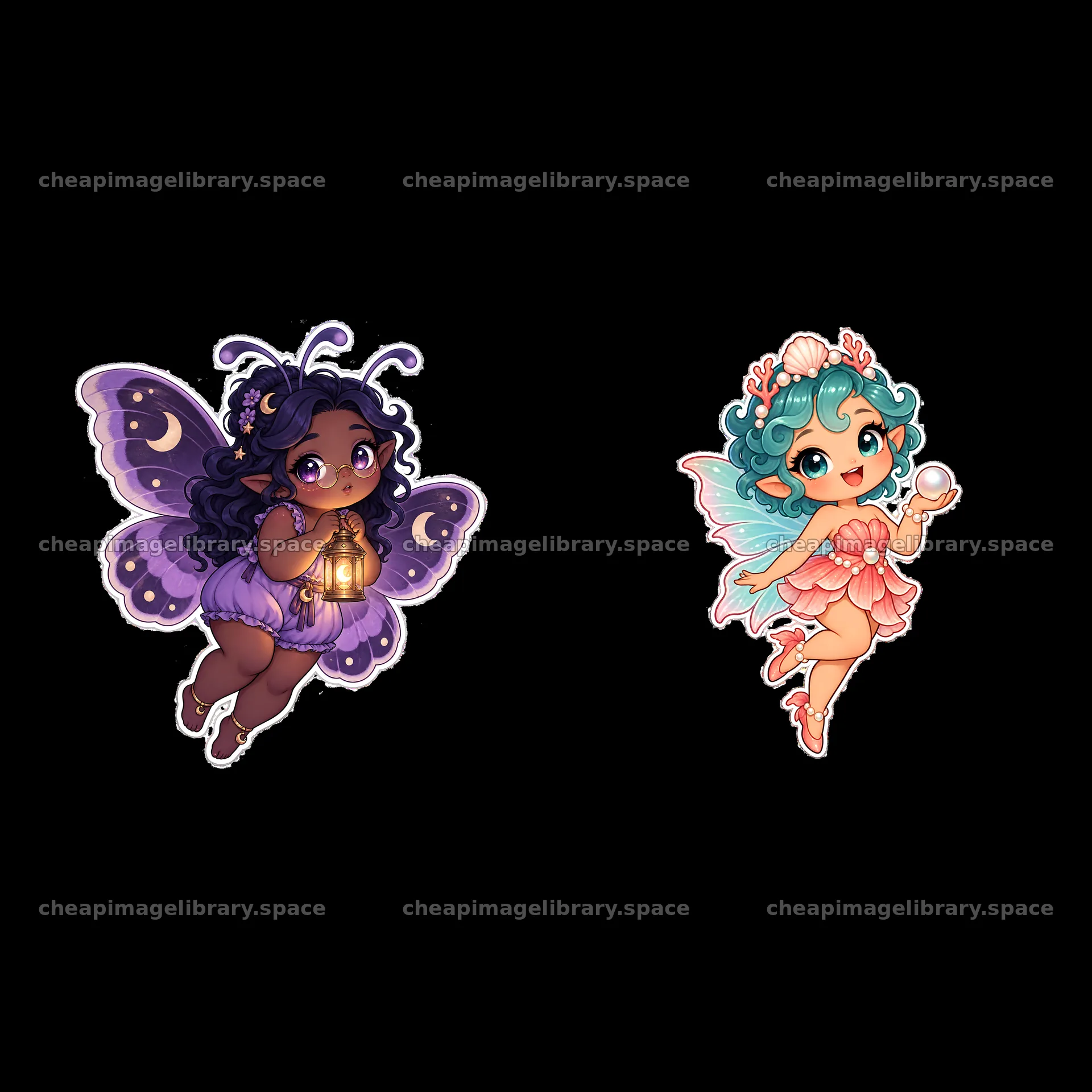 Kawaii chubby fairies with butterfly wings and lantern – image library 7746x7746