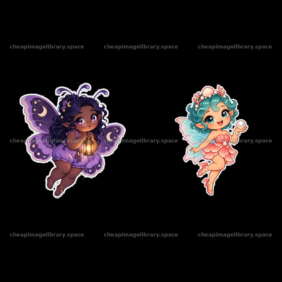 Kawaii chubby fairies with butterfly wings and lantern – image library 7746x7746