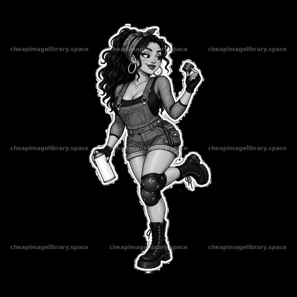 Female graffiti sprayer holding spray can and drink in overalls – image library 7746x7746