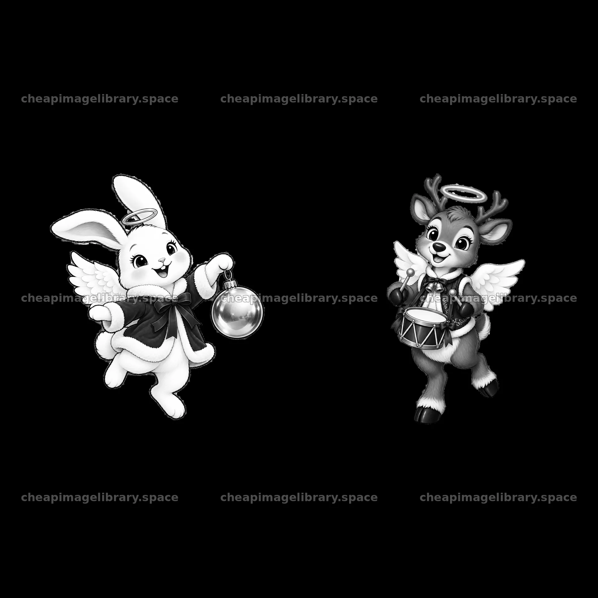 Christmas angel rabbit and reindeer holding Christmas ornaments – image library 7746x7746