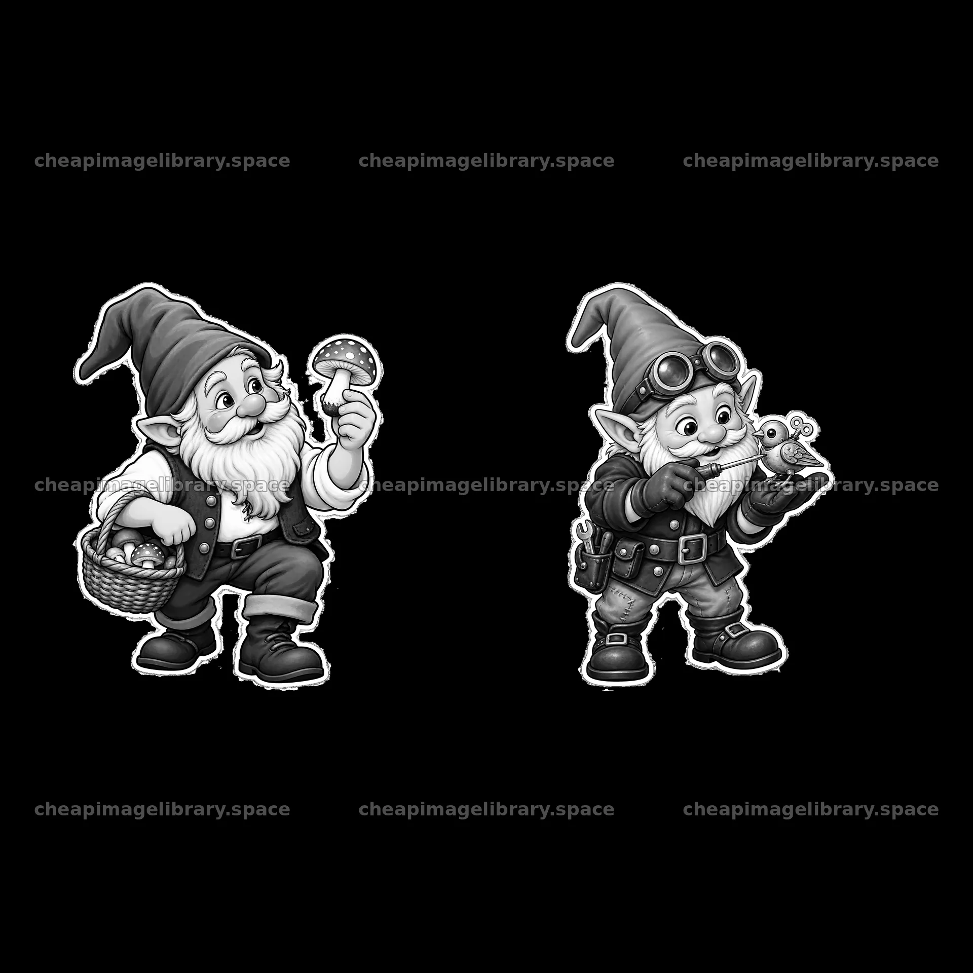 Gnome with mushroom and gnome with snail in black and white – image library 7746x7746