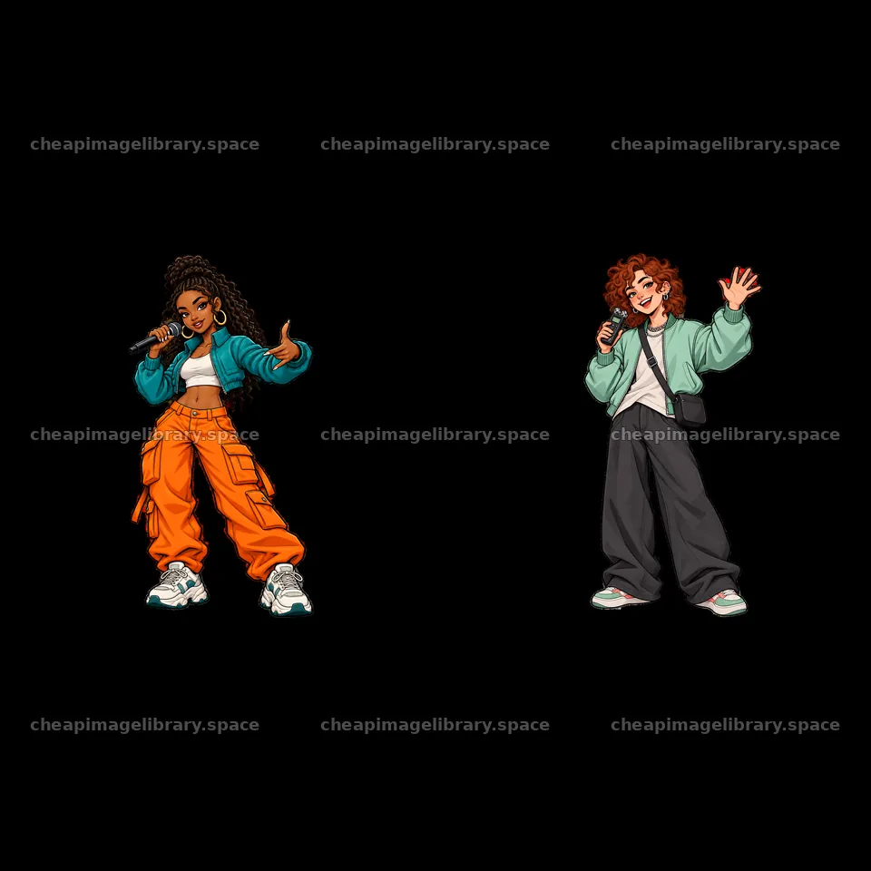 Hip-hop artists with microphones posing in vibrant outfits – image library 7746x7746
