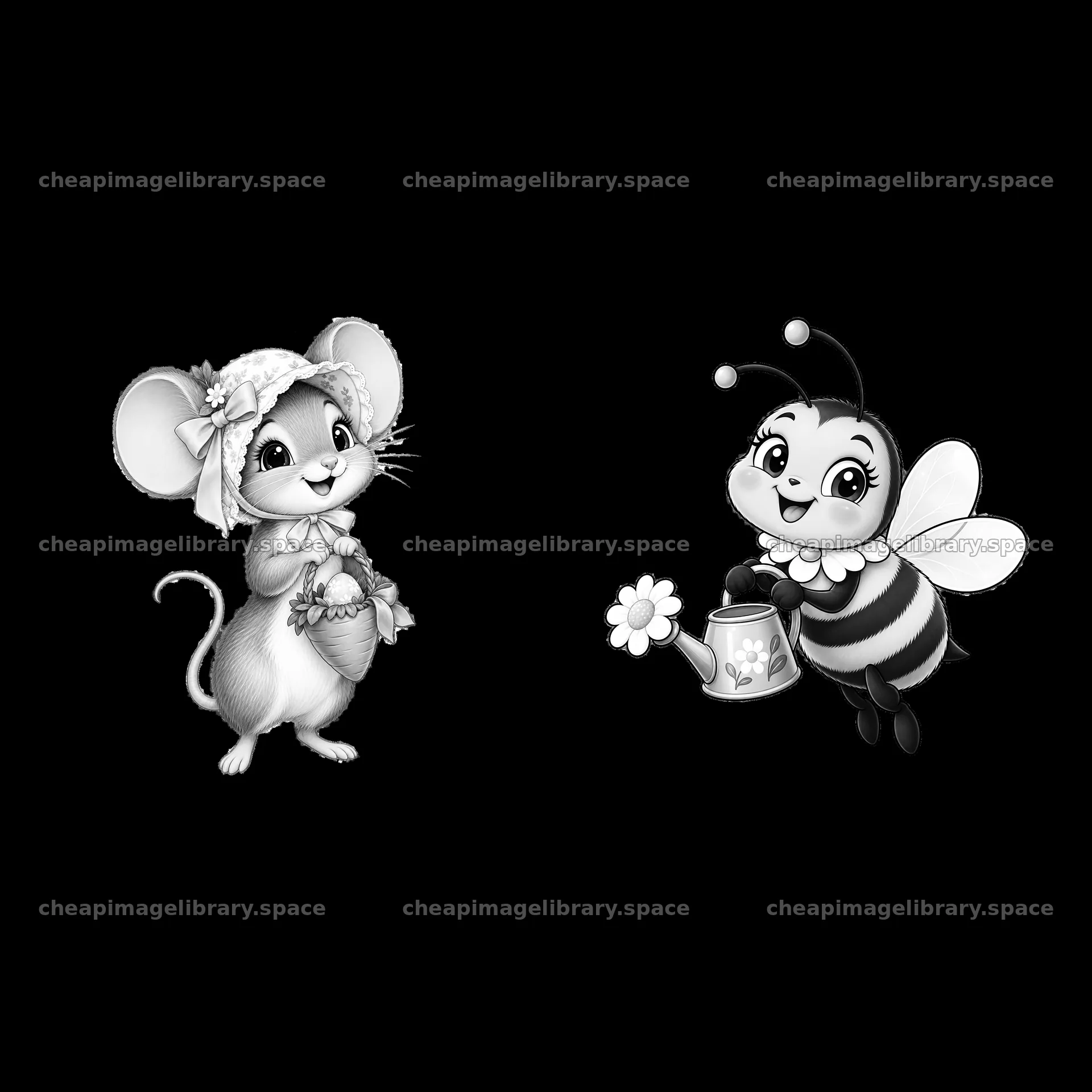 Mouse and bee celebrate Easter in meadow scene – image library 7746x7746