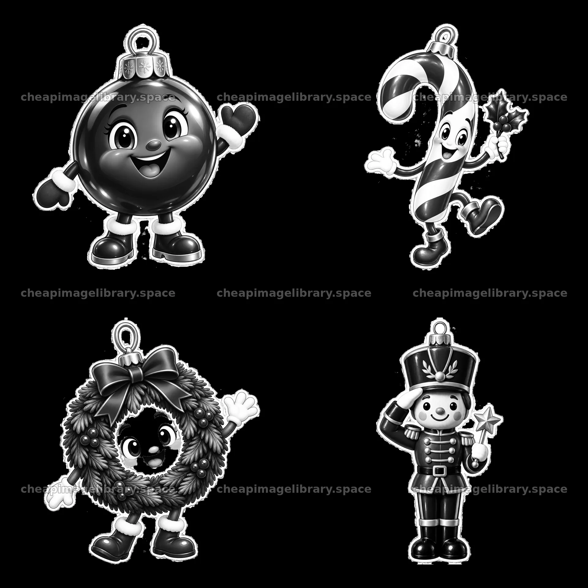 Christmas ornaments featuring cheerful characters and props – image library 7746x7746
