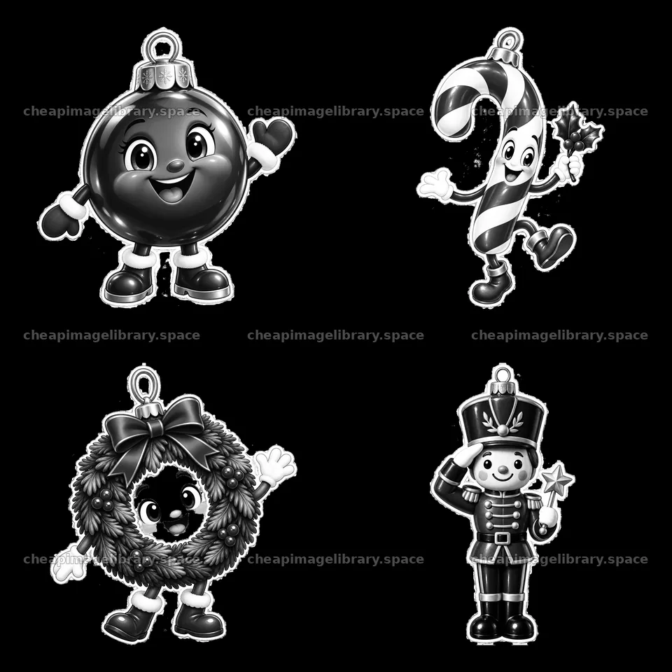 Christmas ornaments featuring cheerful characters and props – image library 7746x7746