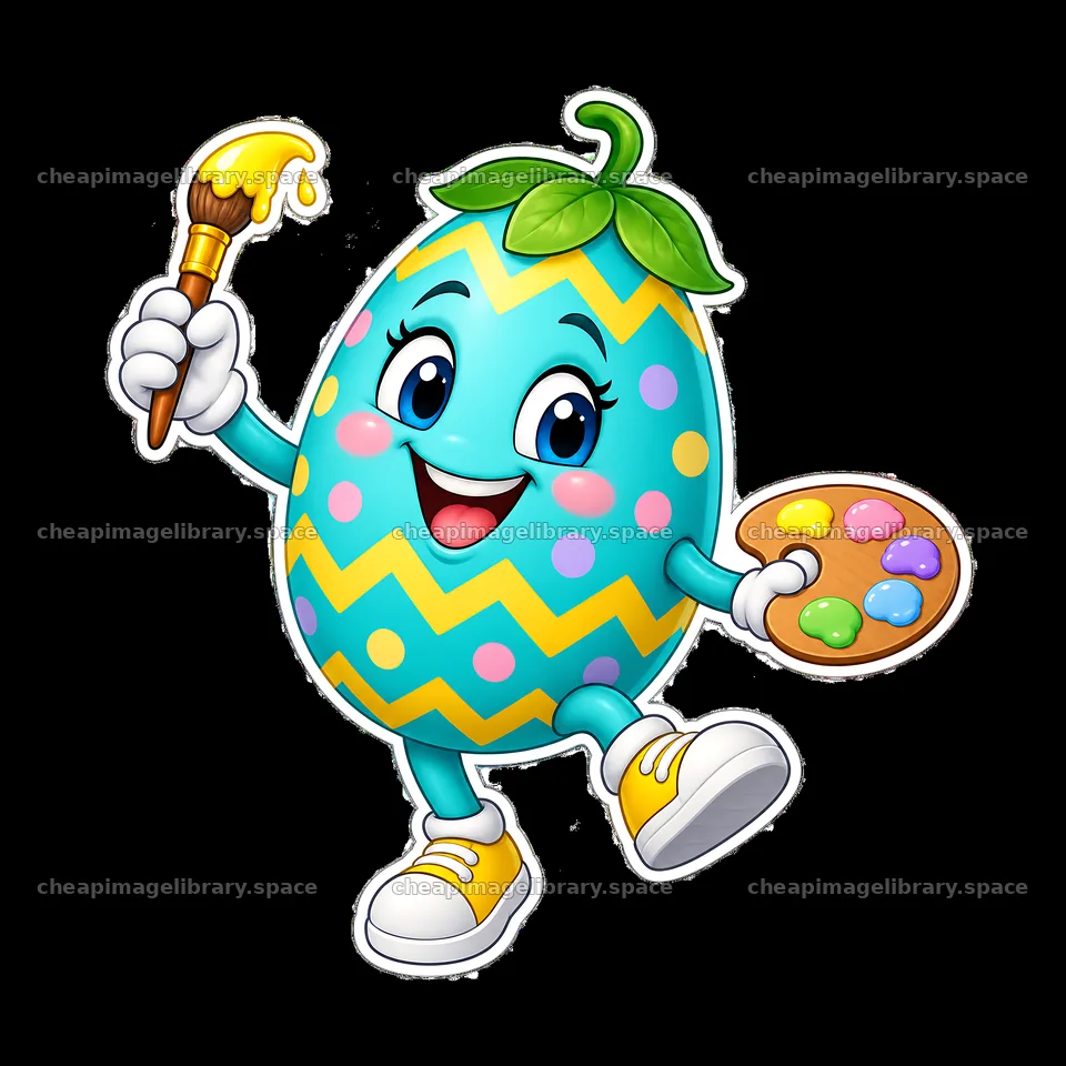Colorful cartoon Easter egg character holding a paintbrush and – image library 7746x7746