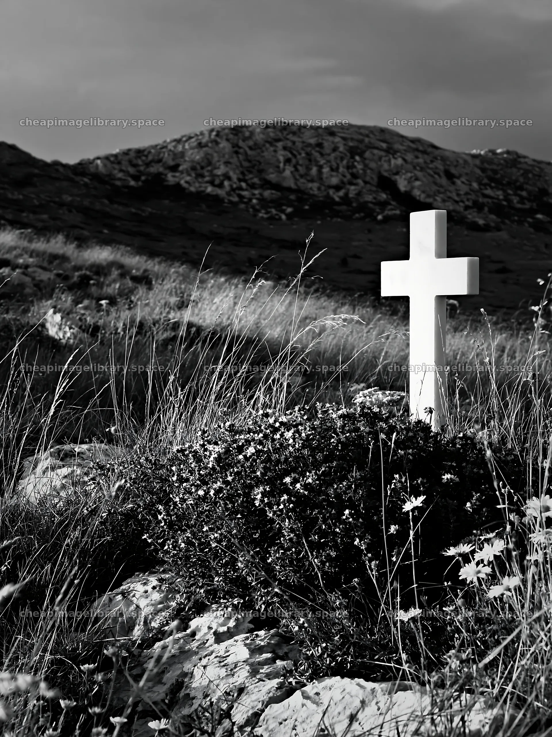 White Christian cross in a meadow surrounded by grass – image library 6866x9174