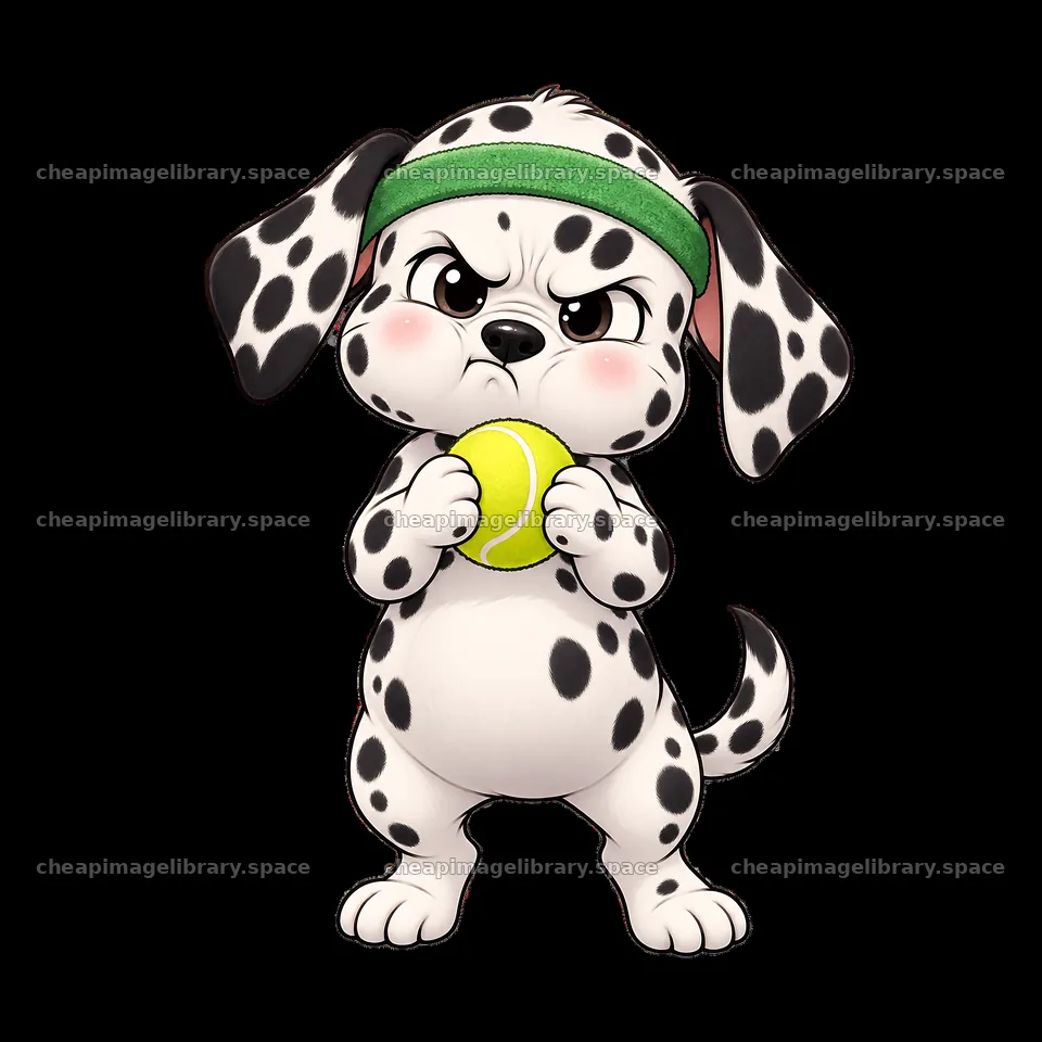 Grumpy cartoon Dalmatian dog with a tennis ball and headband – image library 7746x7746