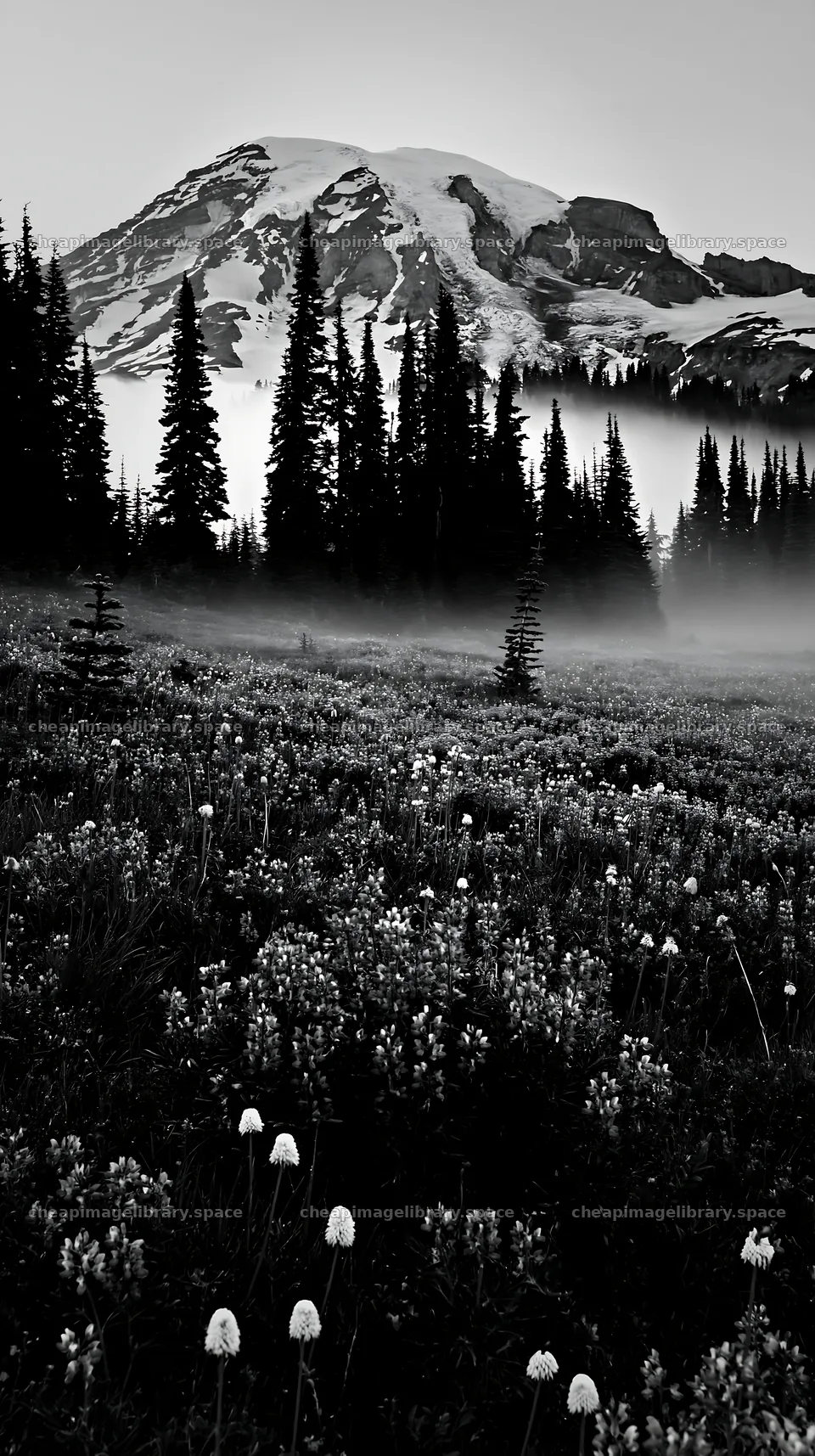 Mount Rainier wildflower meadow at sunrise – image library 5938x10608
