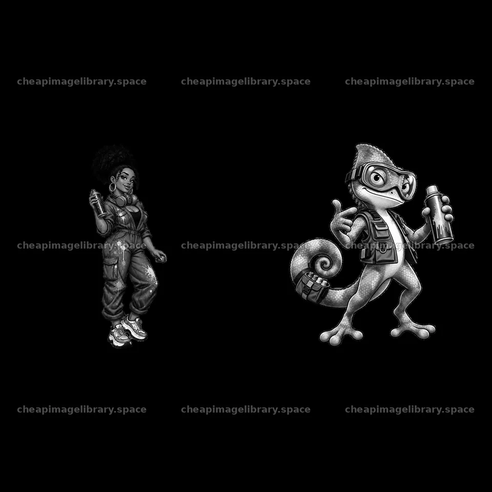 Graffiti artist and cartoon chameleon holding spray can together – image library 7746x7746