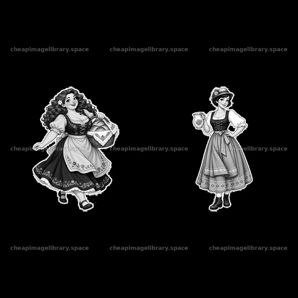 Women in folk dress carrying basket and jug in monochrome style – image library 7746x7746