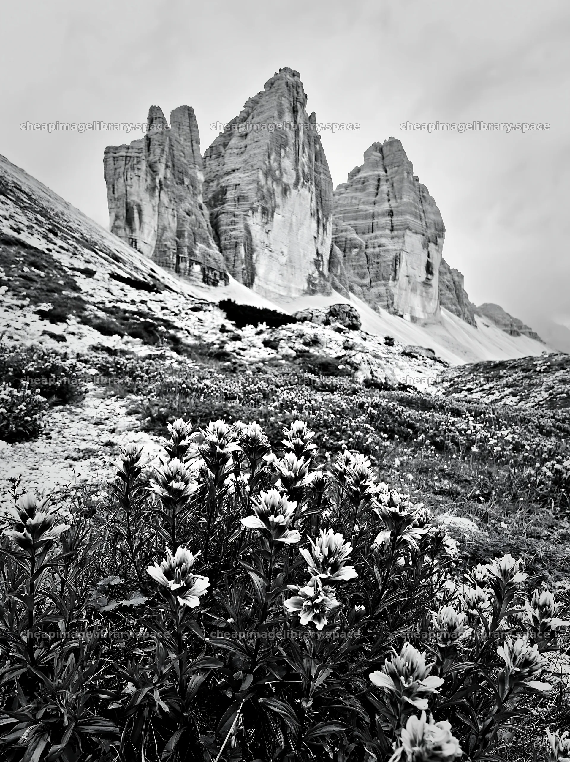 Mountains rising above snowline meadow with wildflowers – image library 6866x9174