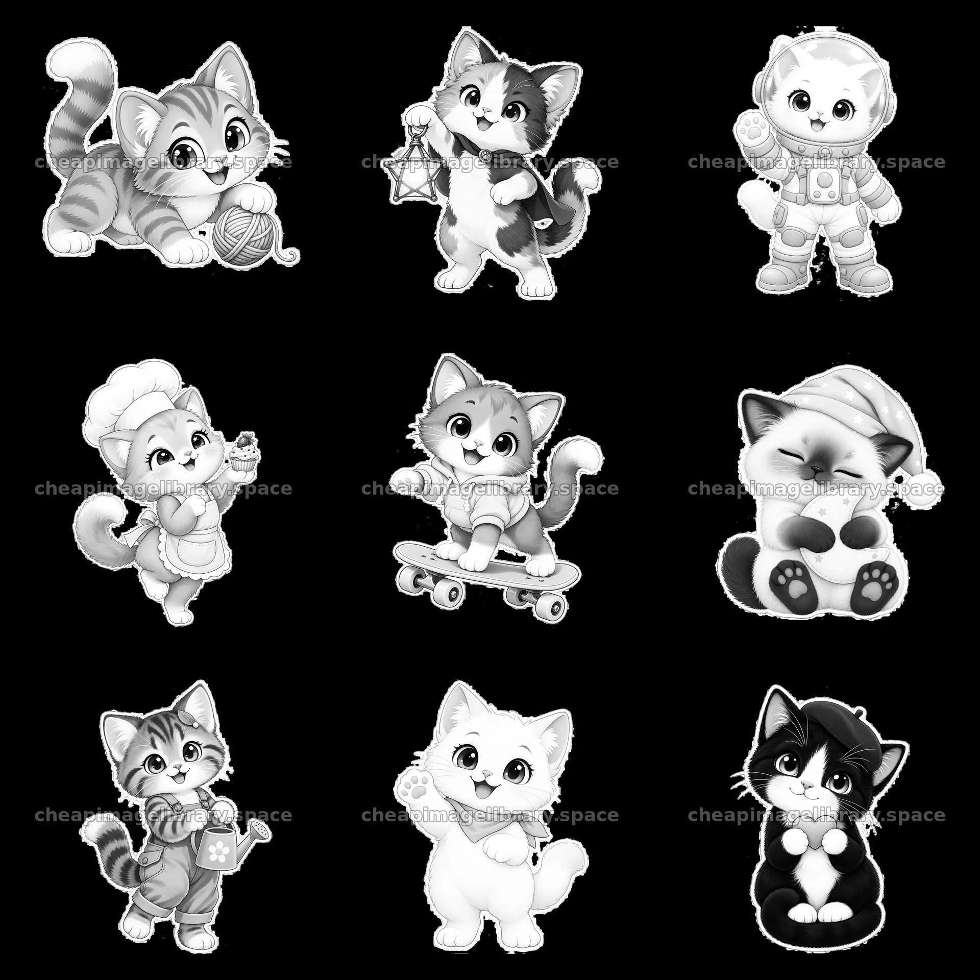 Kawaii cat stickers in a 3x3 grid with various activities – image library 7746x7746