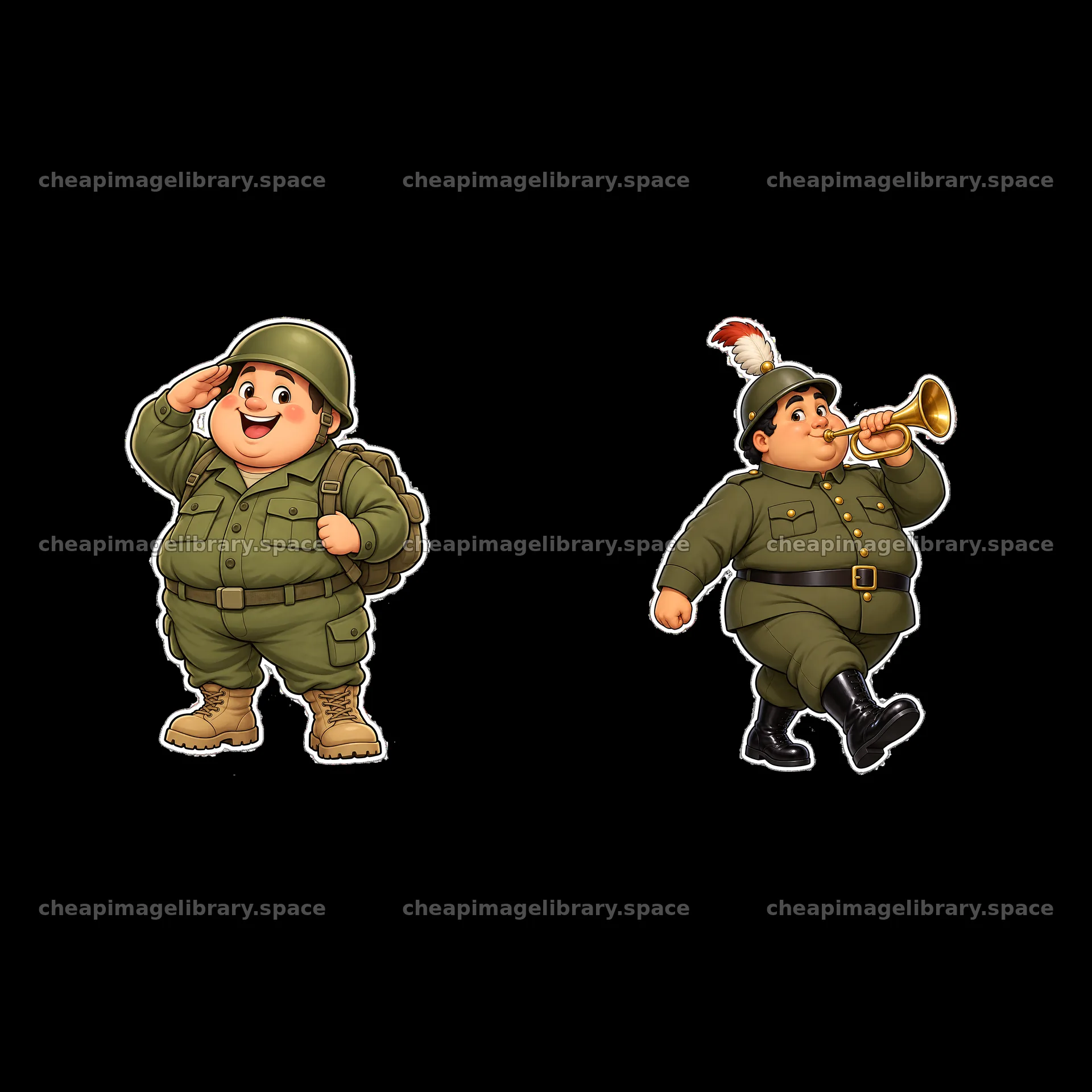 Chubby soldier character saluting and another playing trumpet – image library 7746x7746