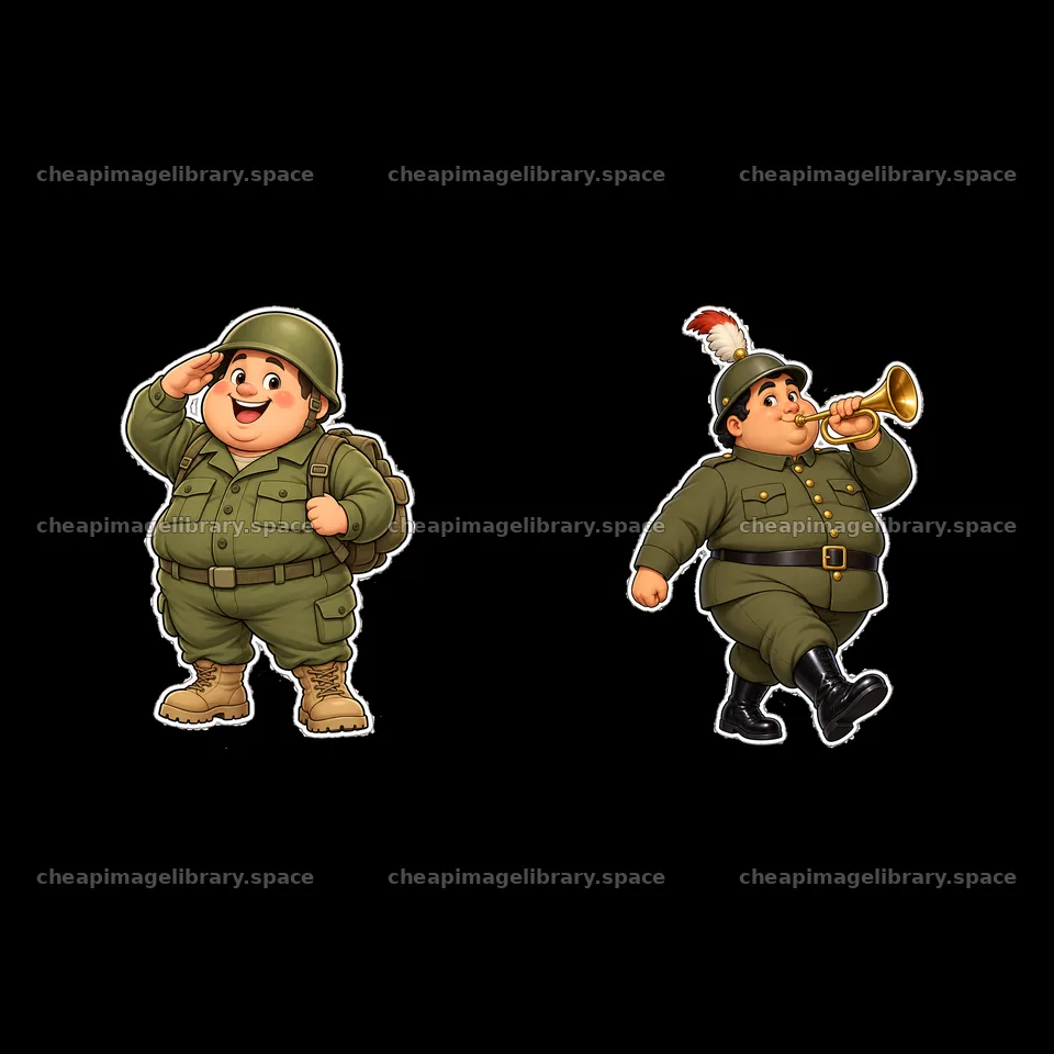 Chubby soldier character saluting and another playing trumpet – image library 7746x7746