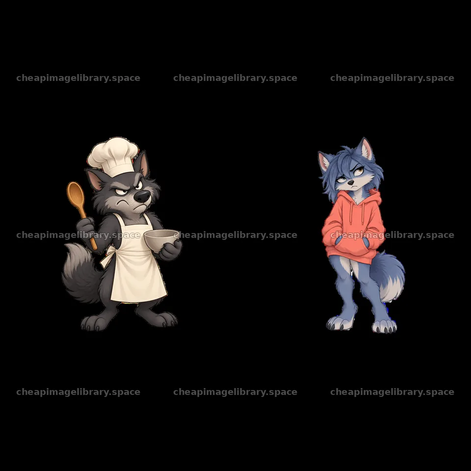 Grumpy wolf chef and casual wolf character in a playful sticker pair – image library 7746x7746