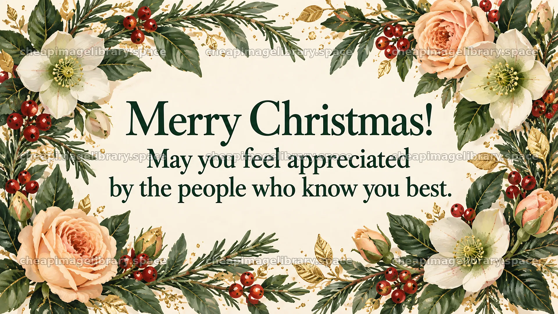 Floral Christmas greeting with evergreen wreath – image library 10324x5812