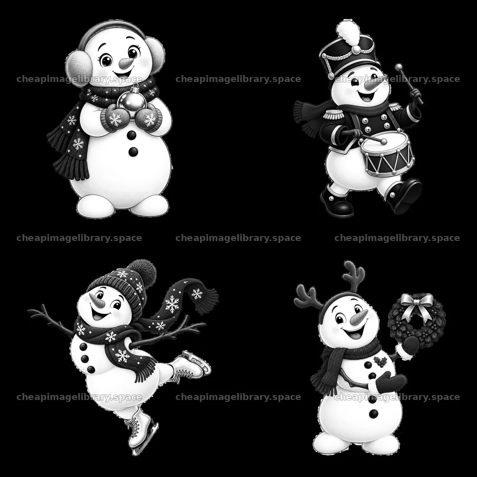 Christmas snowmen characters in festive winter activities – image library 7746x7746