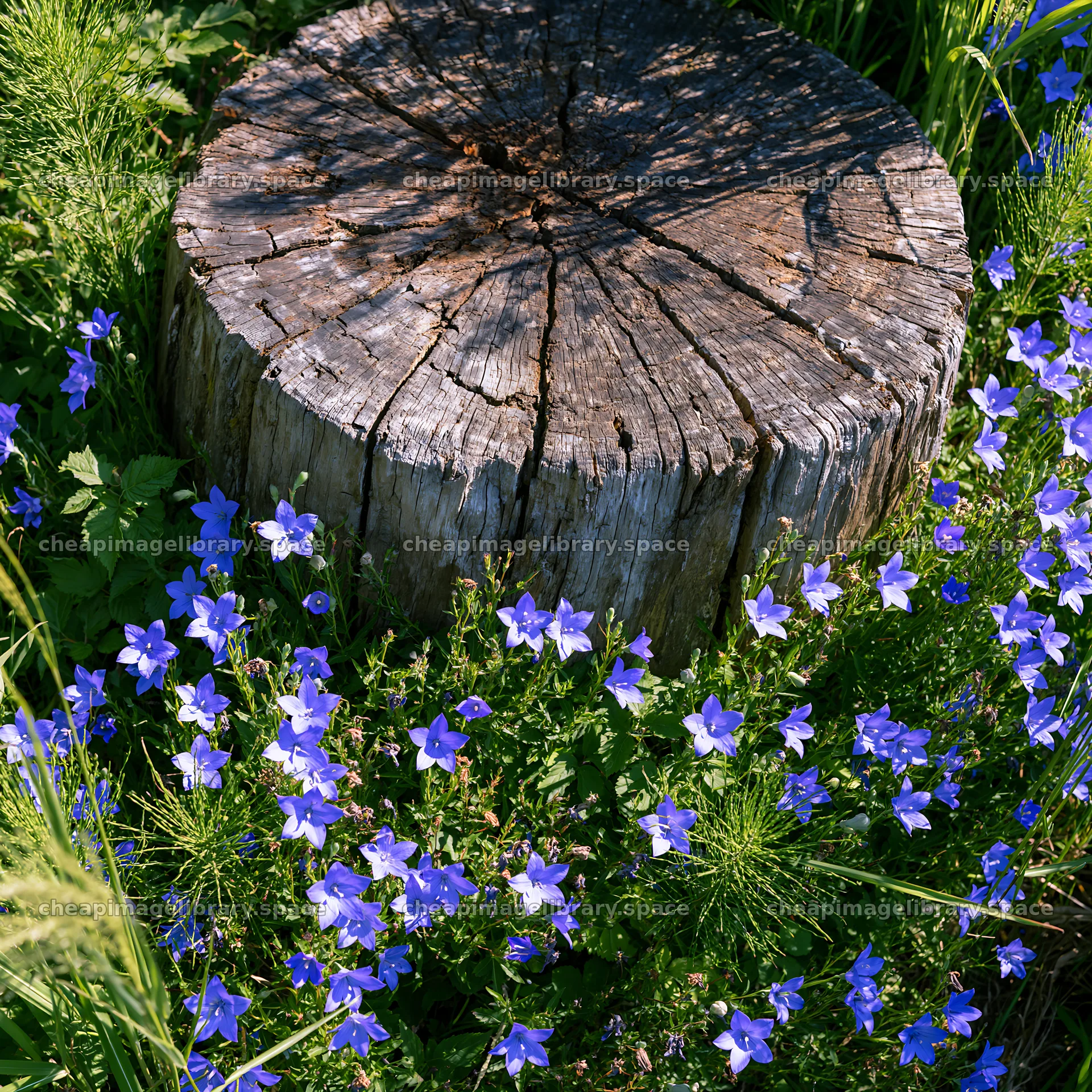 Fukushima meadow with weathered stump and blue flowers – image library 7938x7938
