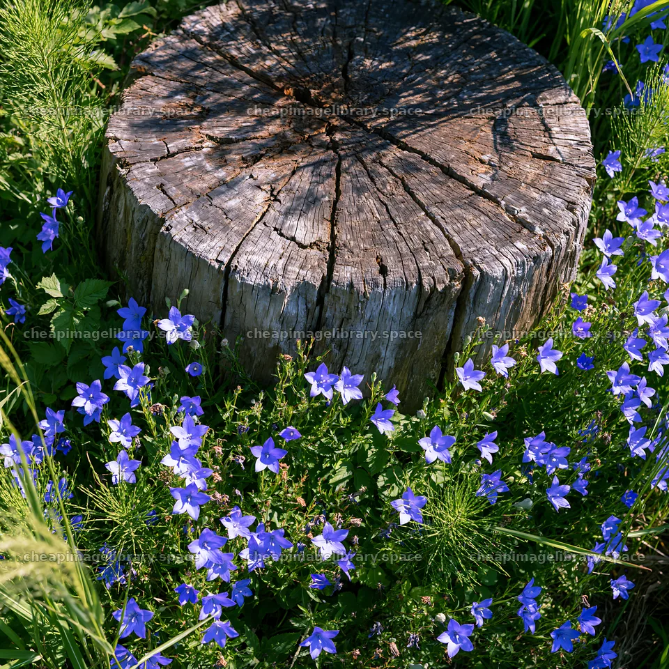 Fukushima meadow with weathered stump and blue flowers – image library 7938x7938
