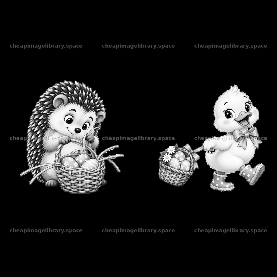 Hedgehog and duckling gathering eggs in Easter baskets – image library 7746x7746