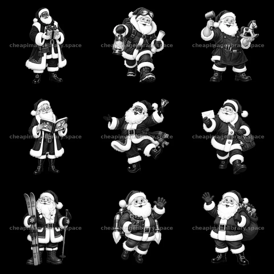 Nine cartoon stickers depict Santa Claus engaging in different actions – image library 7746x7746