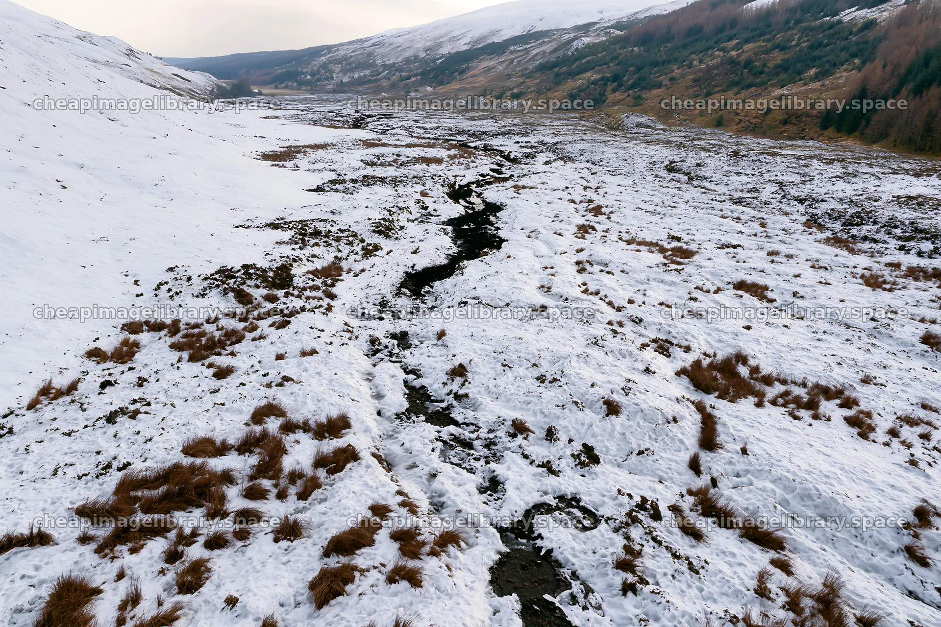 Aerial view of snowy meadow and valley in winter landscape – image library 9722x6480