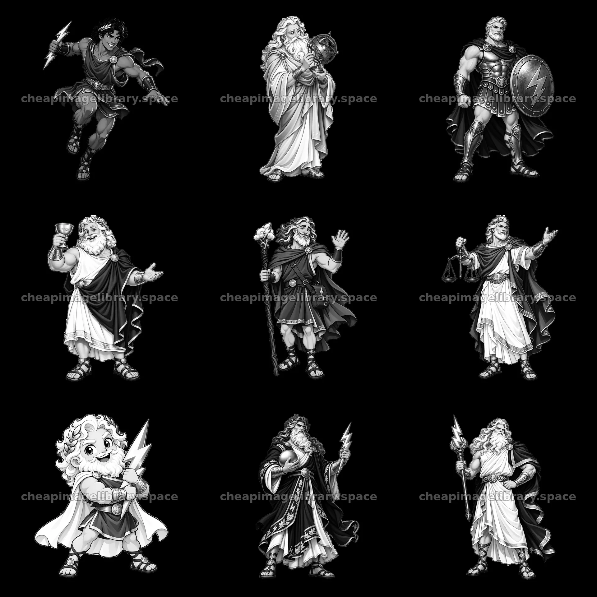 Nine cartoon stickers featuring characters from Greek mythology – image library 7746x7746