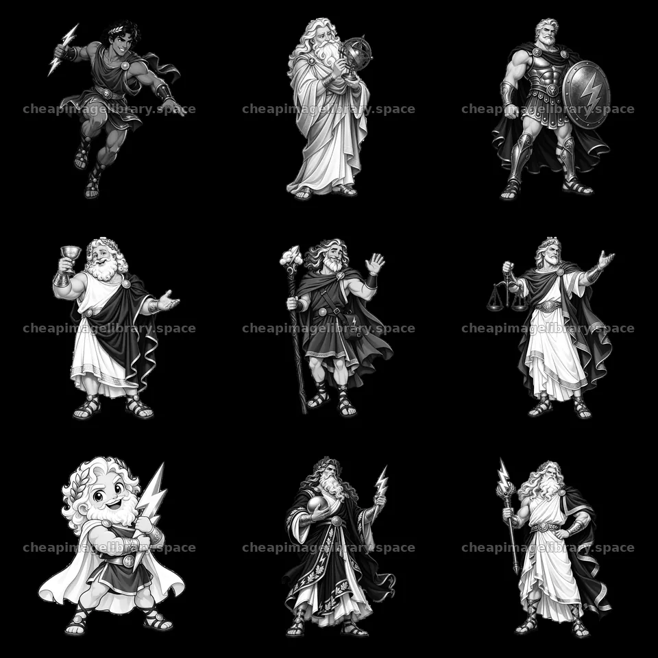 Nine cartoon stickers featuring characters from Greek mythology – image library 7746x7746