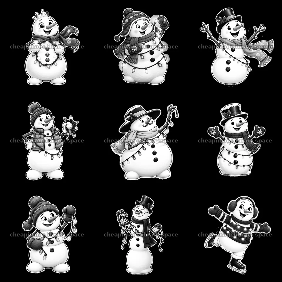 Snowmen holding string lights in a 3x3 grid layout – image library 7746x7746
