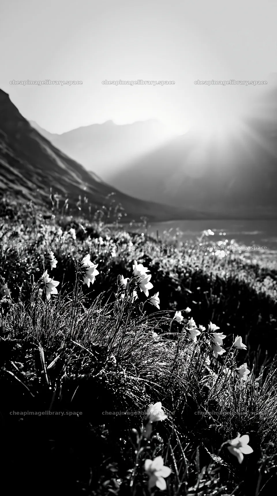 Swiss meadow beside alpine lake in sunlight – image library 5938x10608