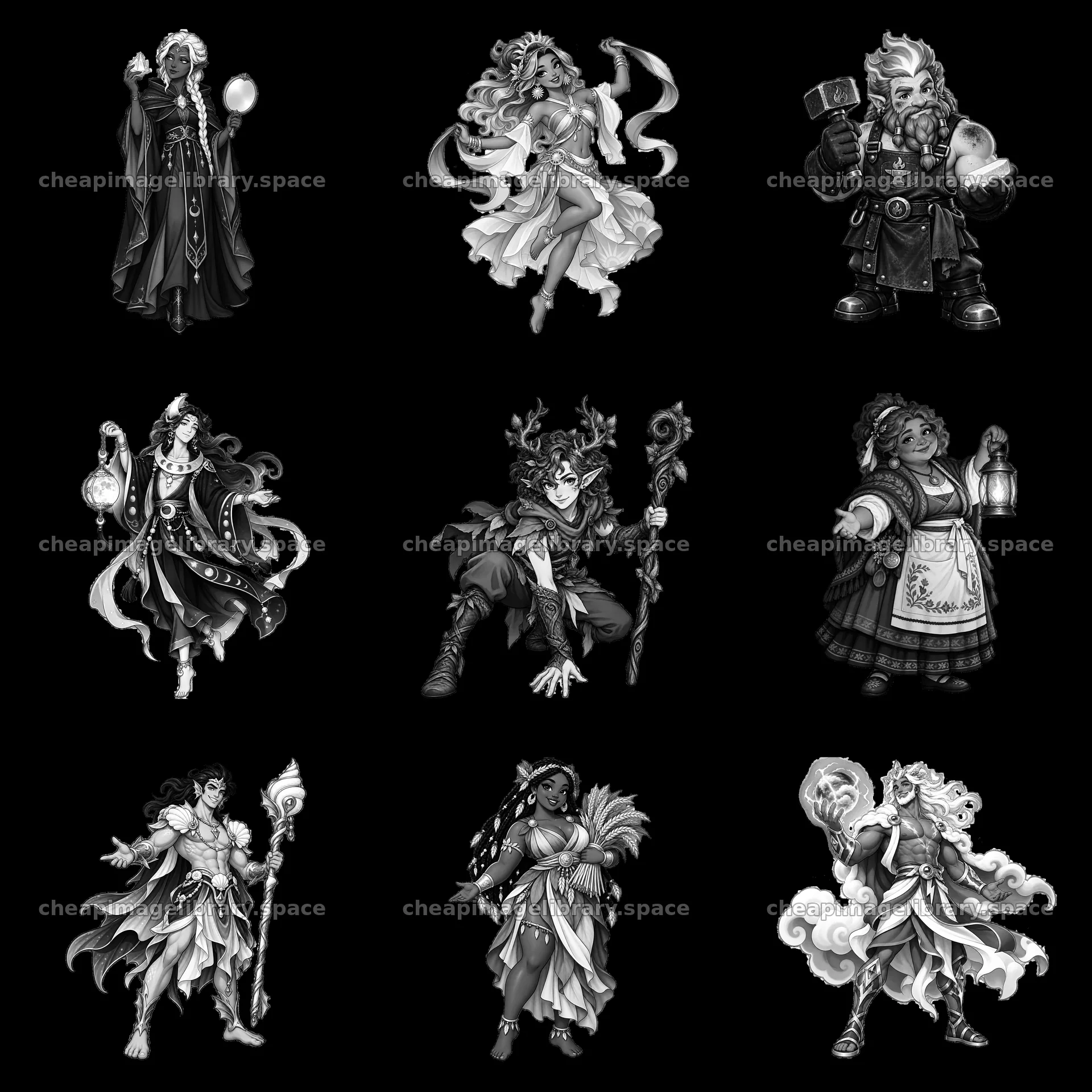 Pagan gods in a 3x3 grid featuring diverse characters and props – image library 7746x7746