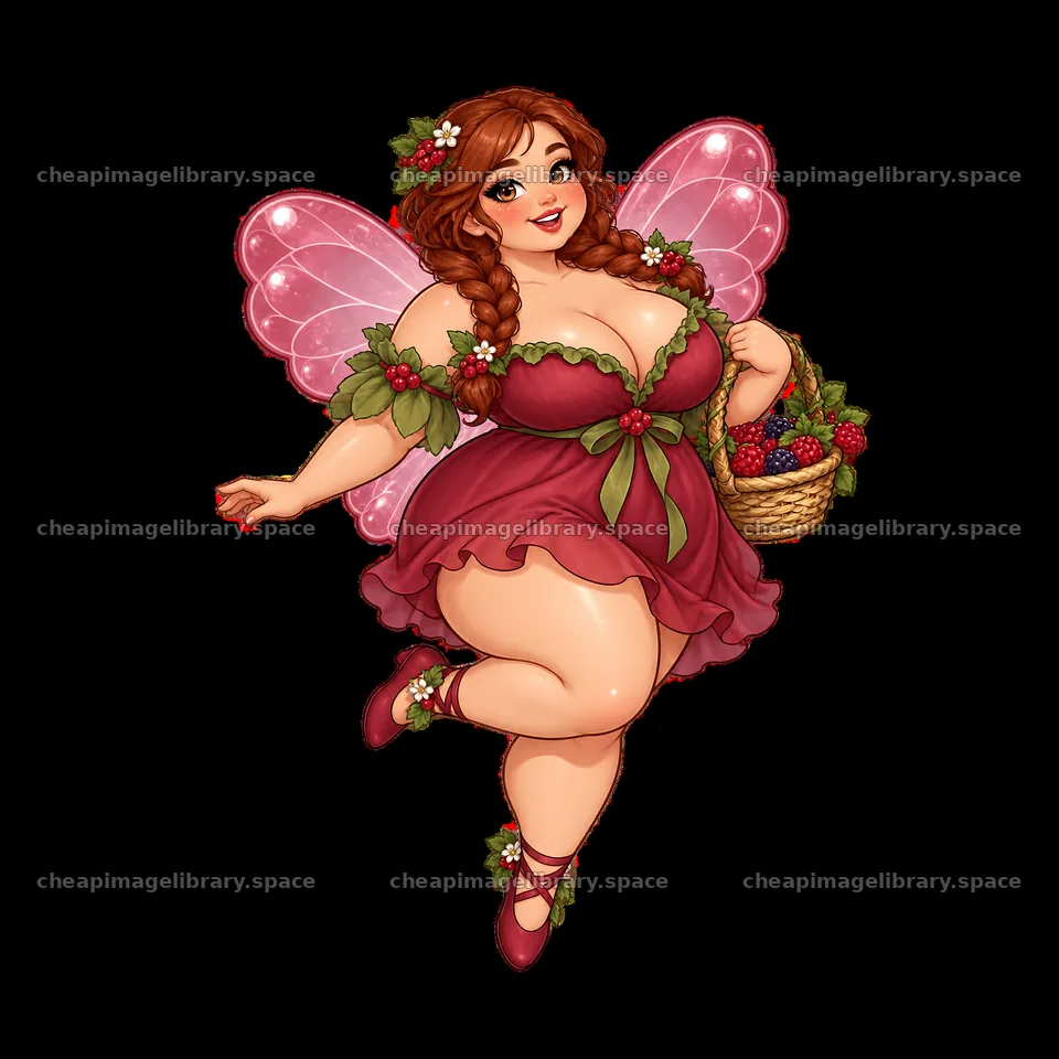 Kawaii ultra-fat fairy holding a basket of berries and smiling – image library 7746x7746